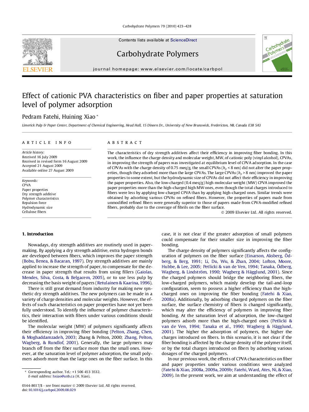 Effect of cationic PVA characteristics on fiber and paper properties at saturation level of polymer adsorption