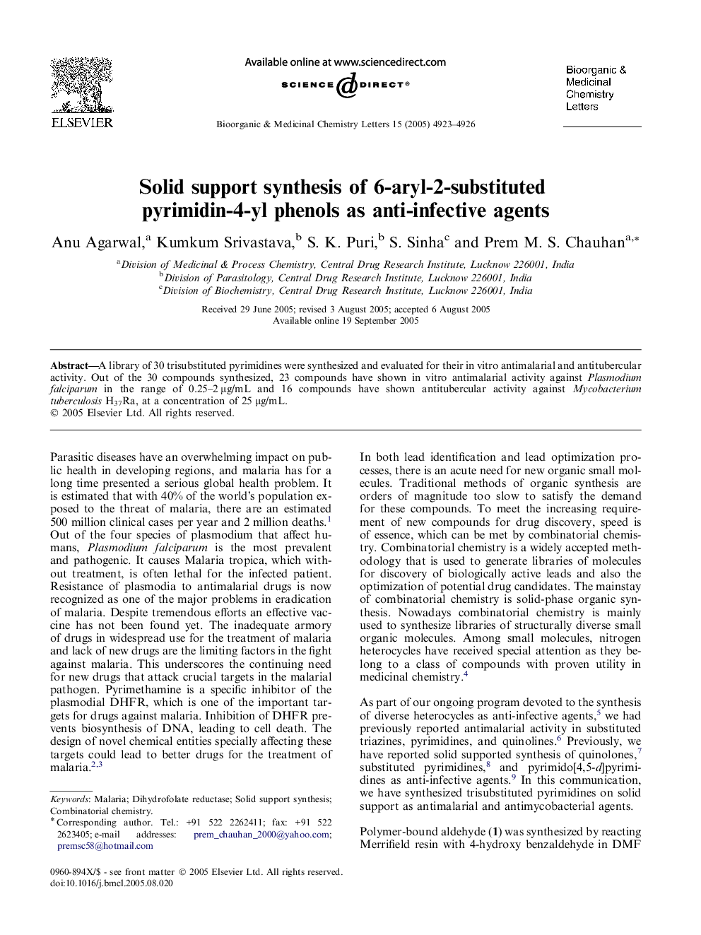 Solid support synthesis of 6-aryl-2-substituted pyrimidin-4-yl phenols as anti-infective agents