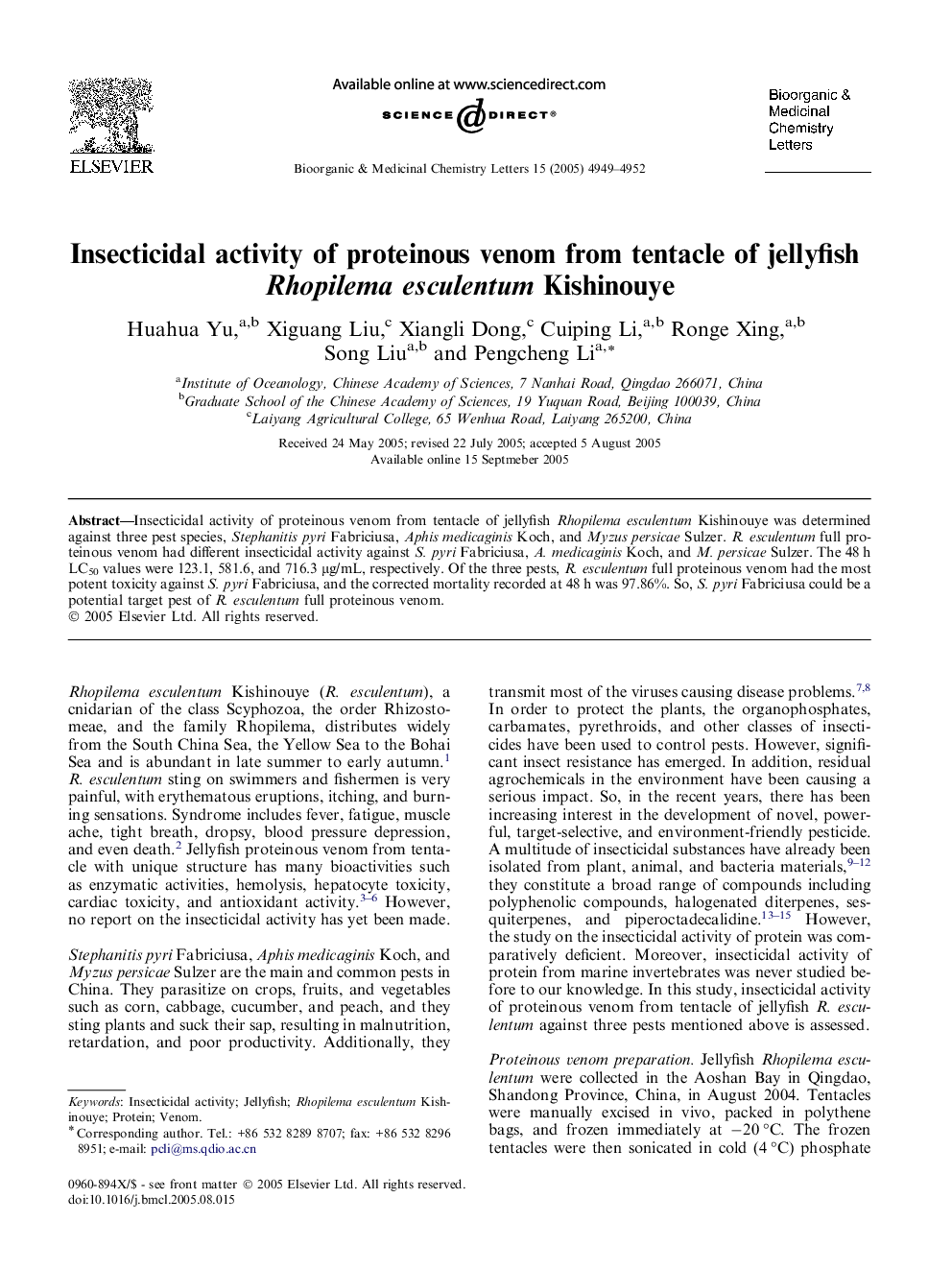 Insecticidal activity of proteinous venom from tentacle of jellyfish Rhopilema esculentum Kishinouye