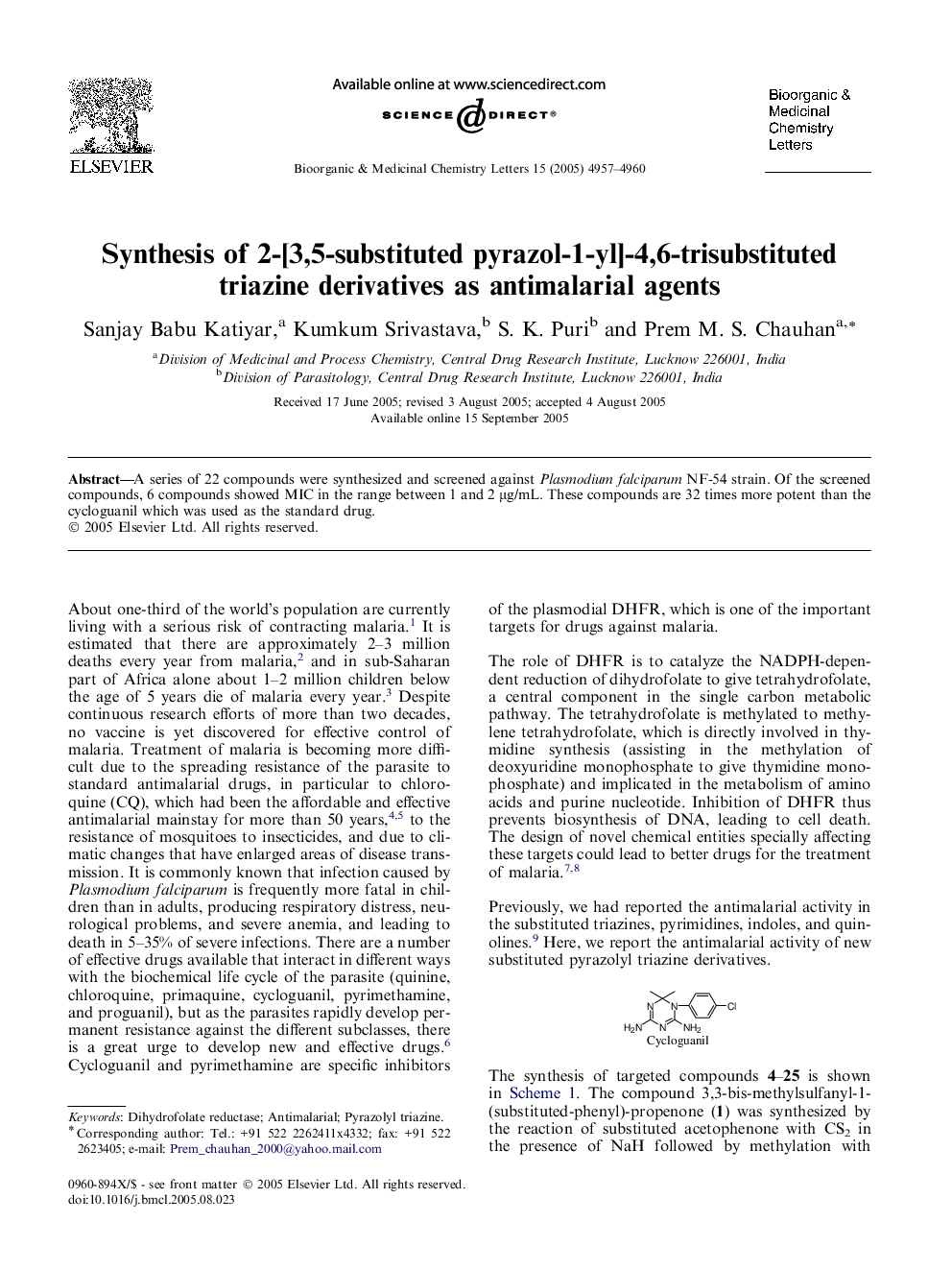 Synthesis of 2-[3,5-substituted pyrazol-1-yl]-4,6-trisubstituted triazine derivatives as antimalarial agents