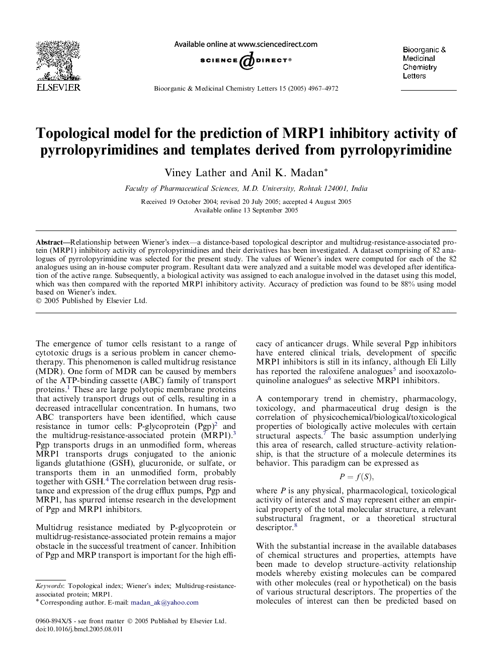 Topological model for the prediction of MRP1 inhibitory activity of pyrrolopyrimidines and templates derived from pyrrolopyrimidine