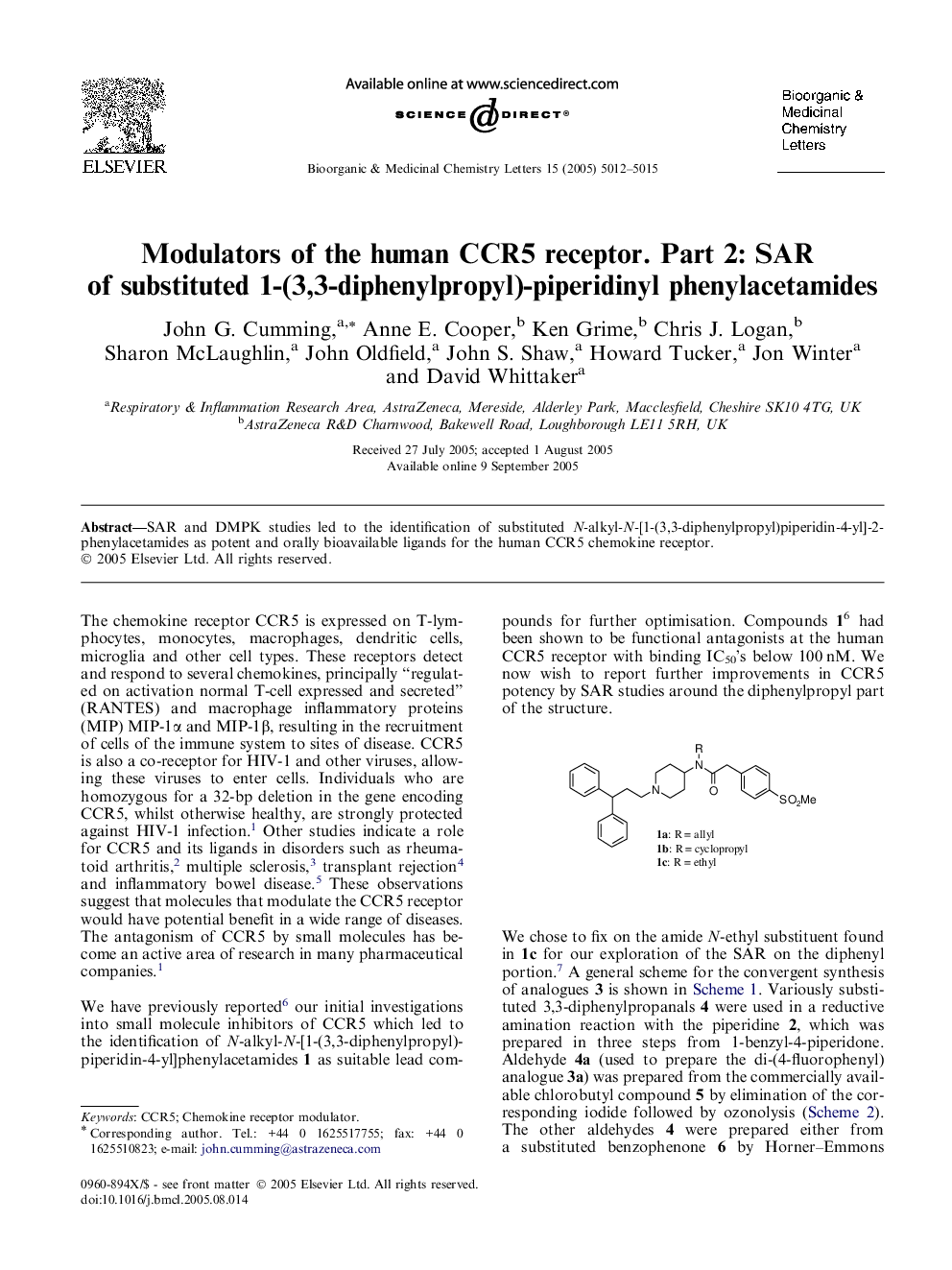 Modulators of the human CCR5 receptor. Part 2: SAR of substituted 1-(3,3-diphenylpropyl)-piperidinyl phenylacetamides