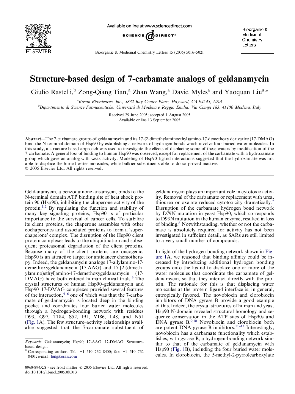 Structure-based design of 7-carbamate analogs of geldanamycin