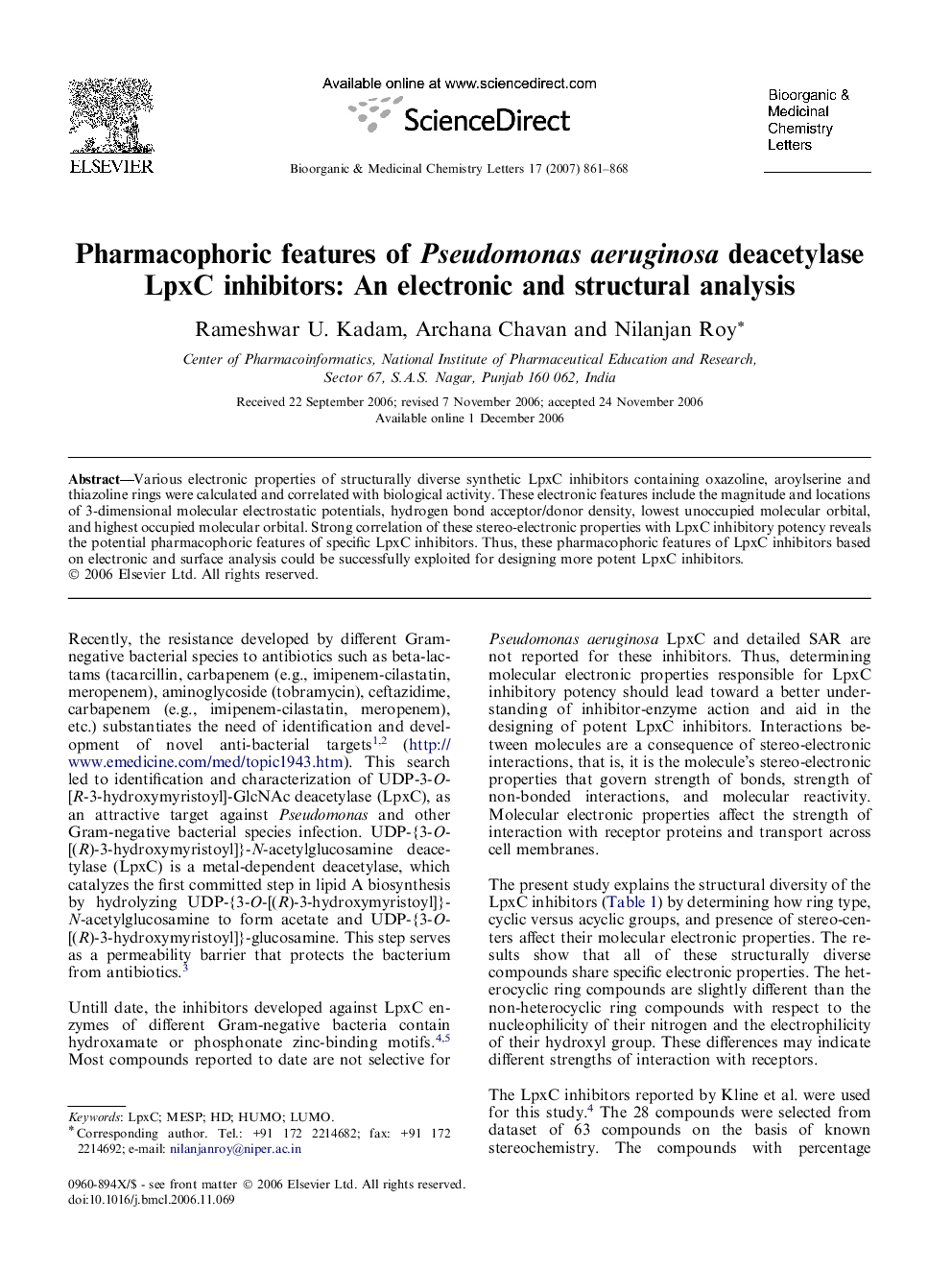 Pharmacophoric features of Pseudomonas aeruginosa deacetylase LpxC inhibitors: An electronic and structural analysis