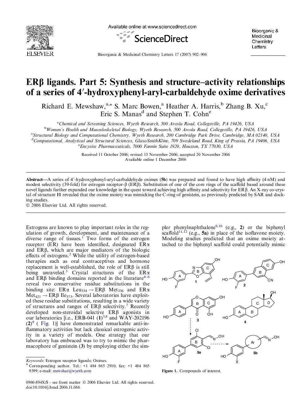 ERβ ligands. Part 5: Synthesis and structure–activity relationships of a series of 4′-hydroxyphenyl-aryl-carbaldehyde oxime derivatives