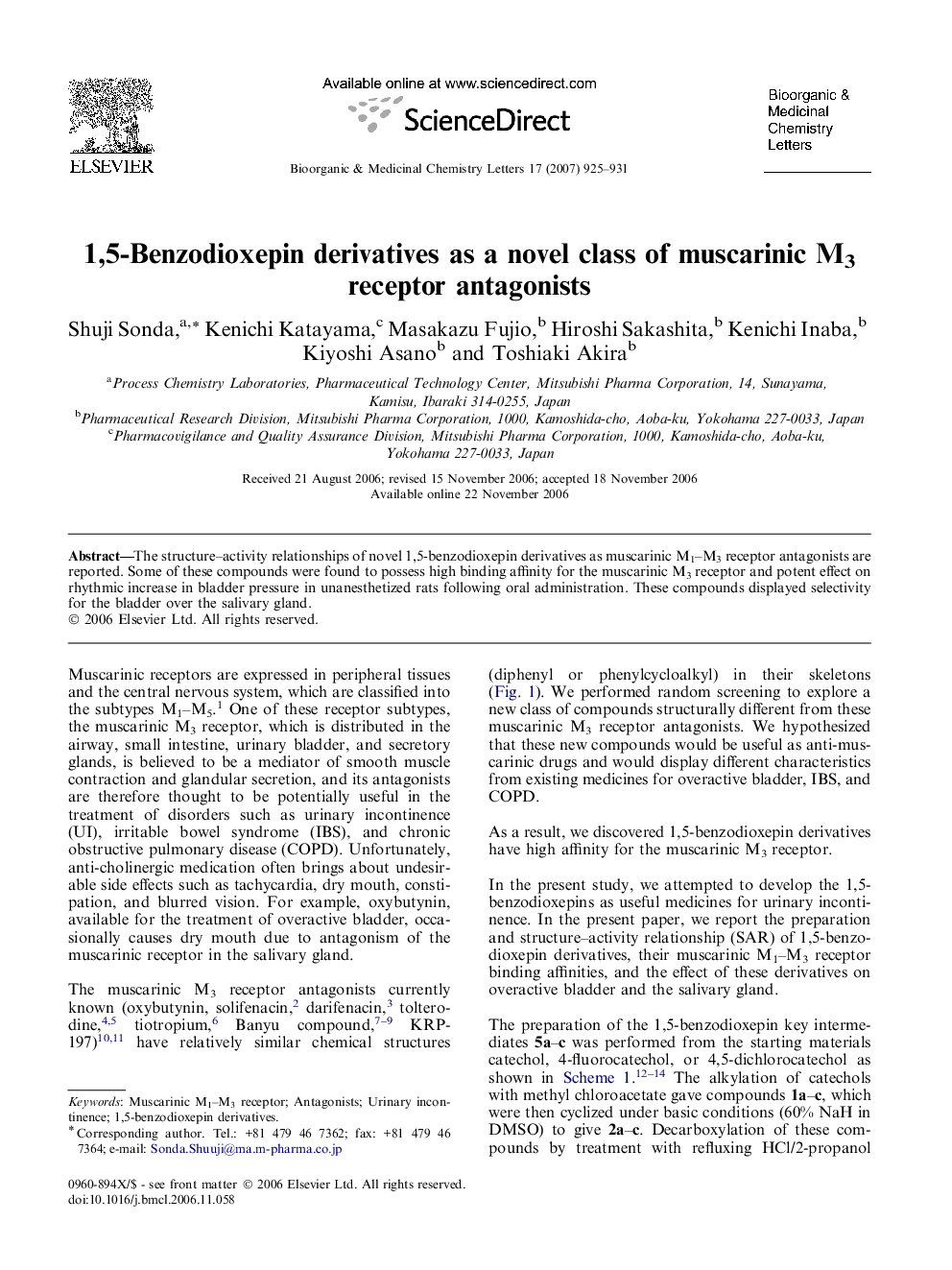 1,5-Benzodioxepin derivatives as a novel class of muscarinic M3 receptor antagonists