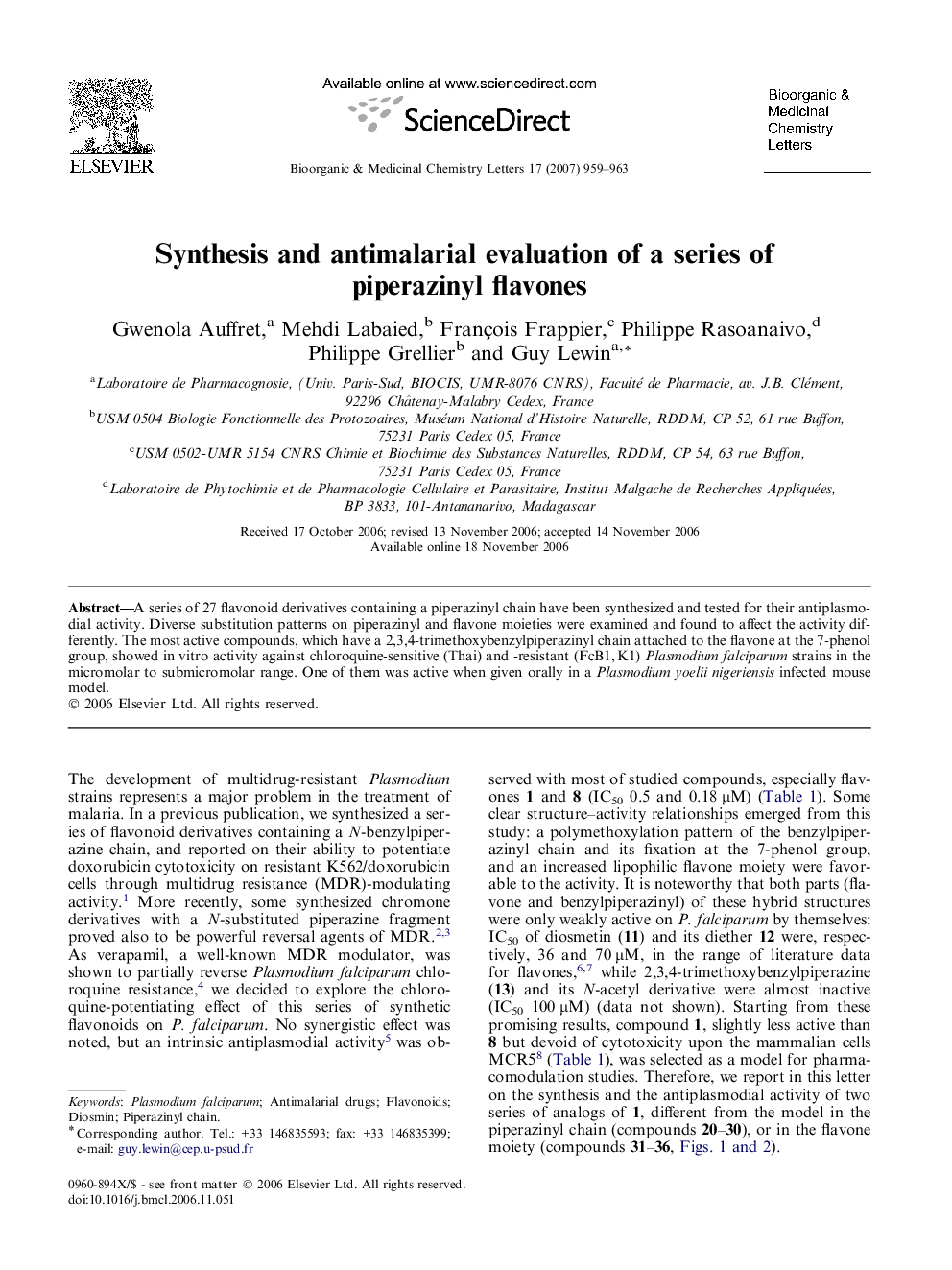 Synthesis and antimalarial evaluation of a series of piperazinyl flavones