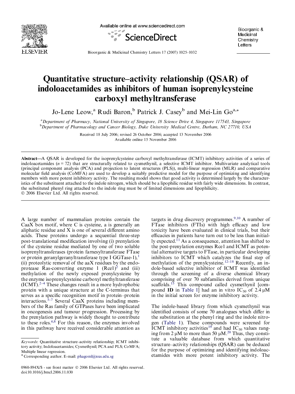 Quantitative structure–activity relationship (QSAR) of indoloacetamides as inhibitors of human isoprenylcysteine carboxyl methyltransferase