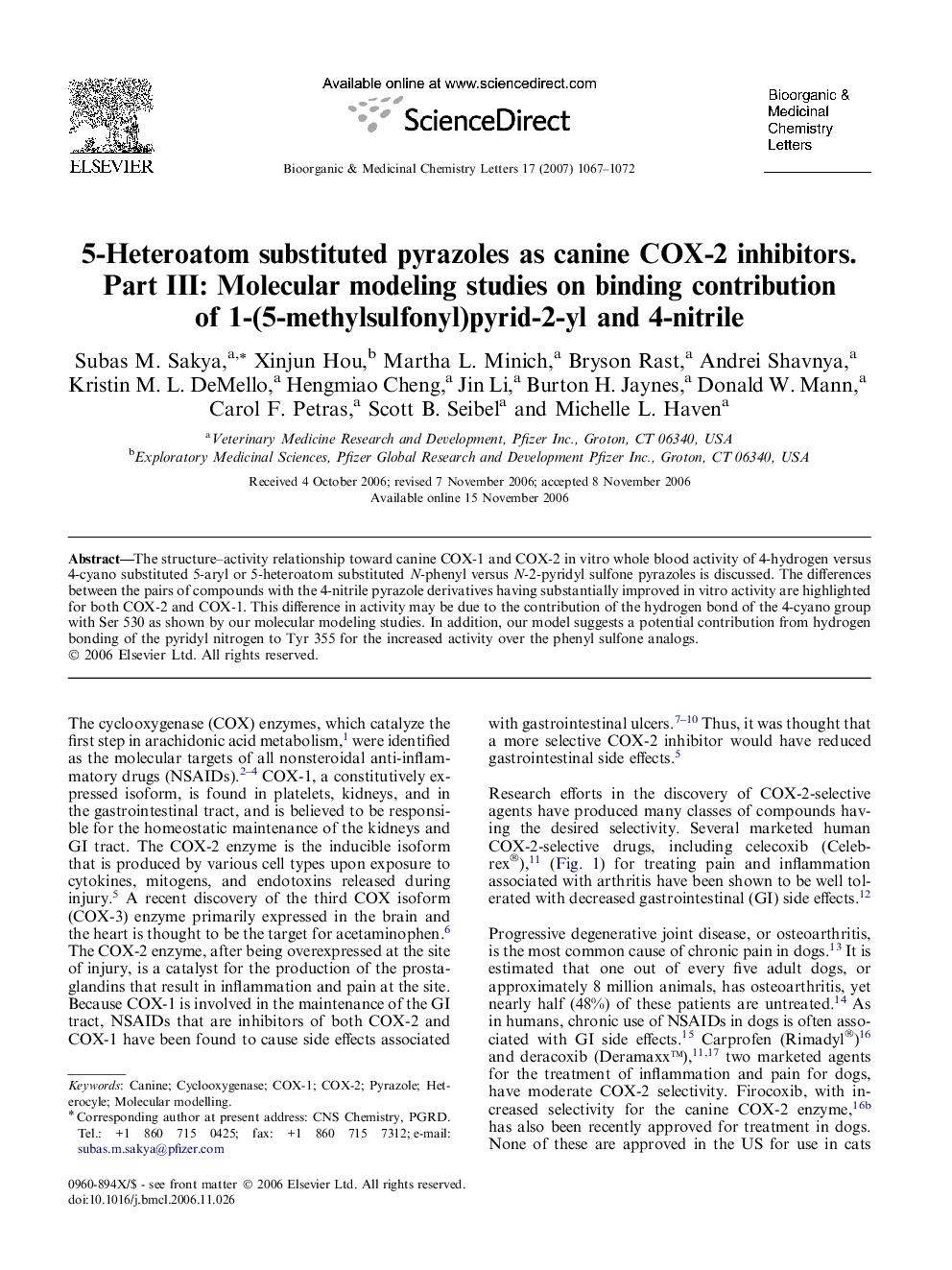 5-Heteroatom substituted pyrazoles as canine COX-2 inhibitors. Part III: Molecular modeling studies on binding contribution of 1-(5-methylsulfonyl)pyrid-2-yl and 4-nitrile