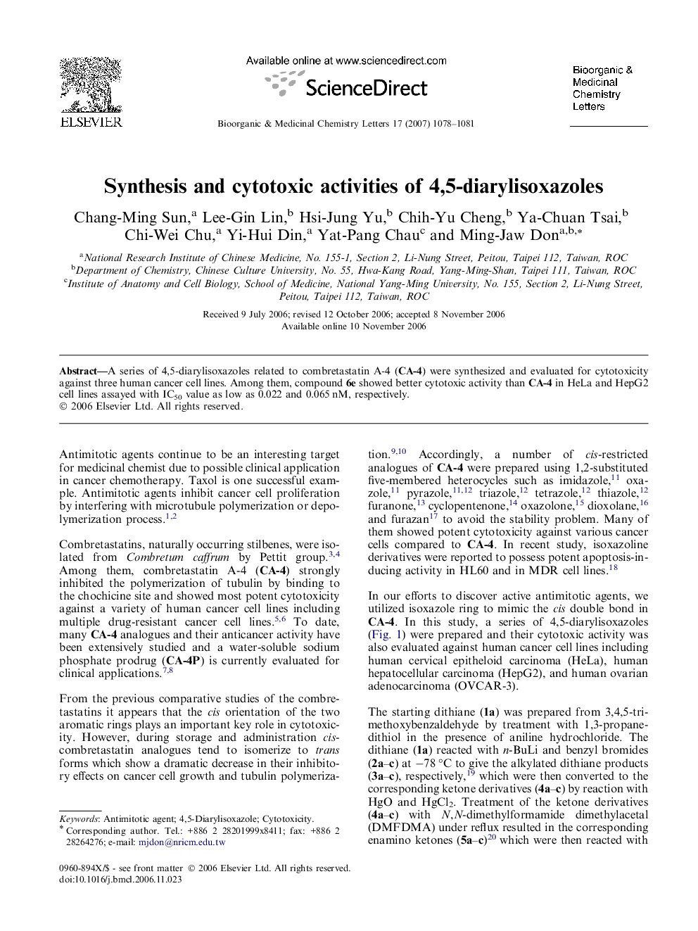 Synthesis and cytotoxic activities of 4,5-diarylisoxazoles