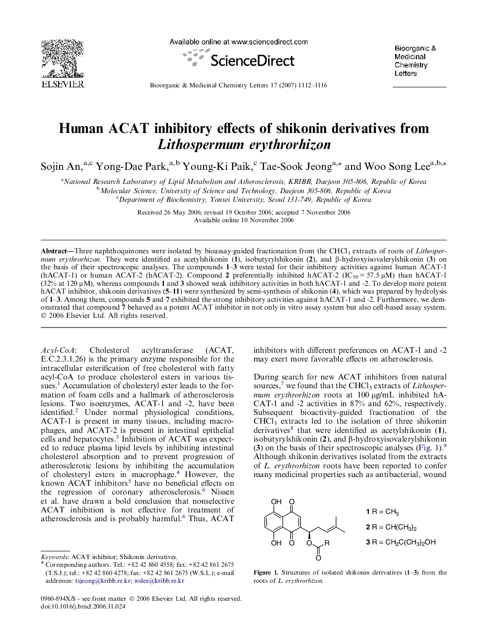 Human ACAT inhibitory effects of shikonin derivatives from Lithospermum erythrorhizon