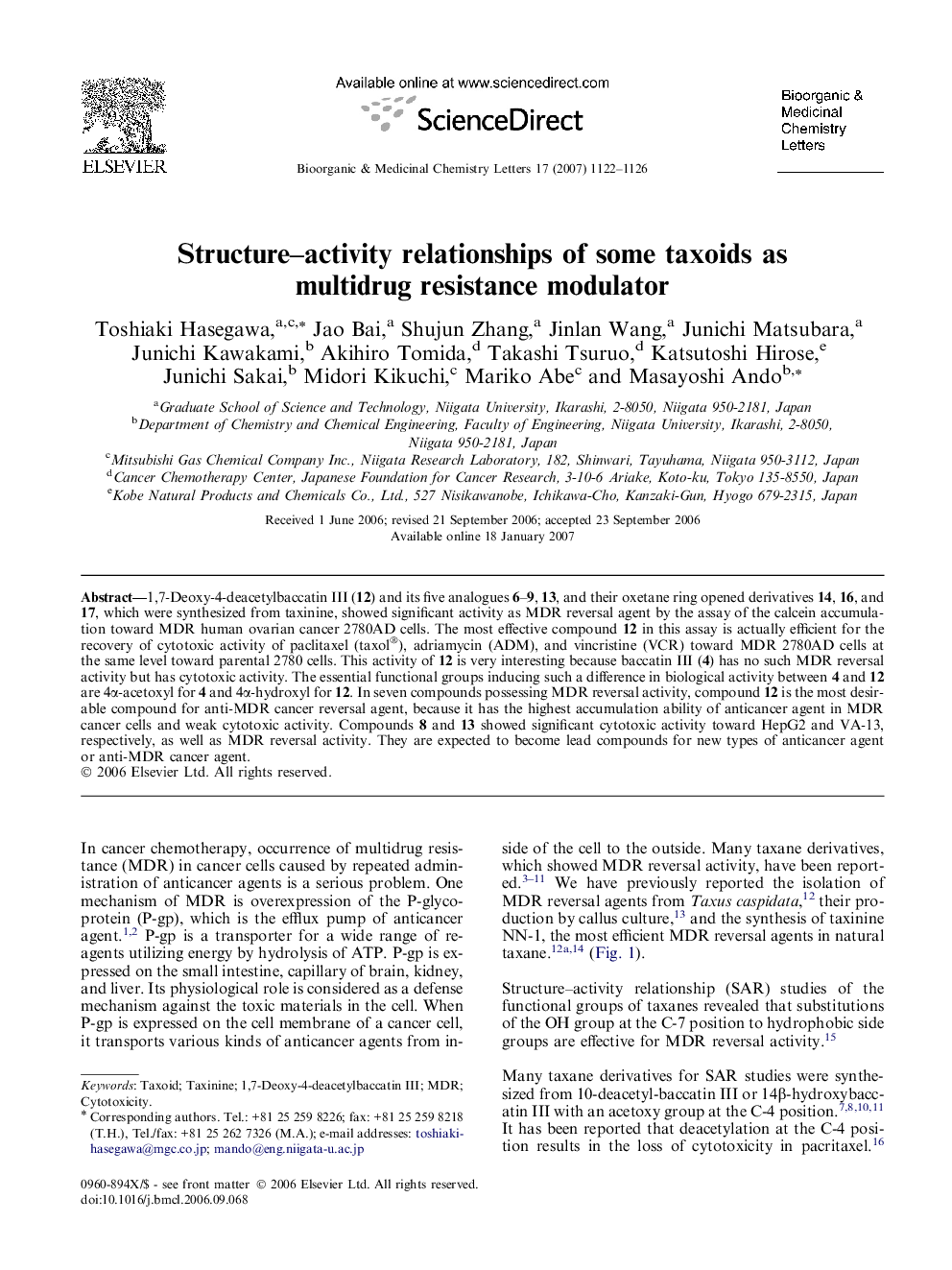 Structure–activity relationships of some taxoids as multidrug resistance modulator