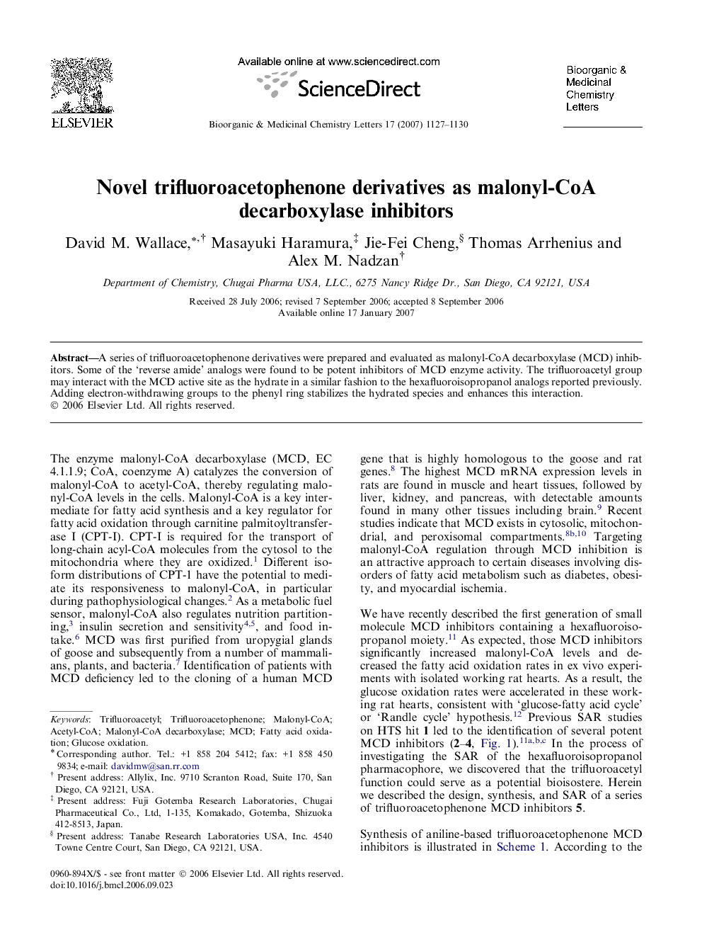 Novel trifluoroacetophenone derivatives as malonyl-CoA decarboxylase inhibitors