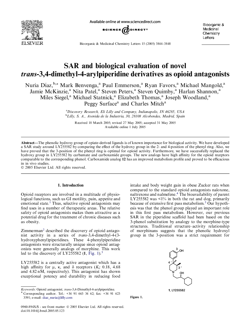 SAR and biological evaluation of novel trans-3,4-dimethyl-4-arylpiperidine derivatives as opioid antagonists