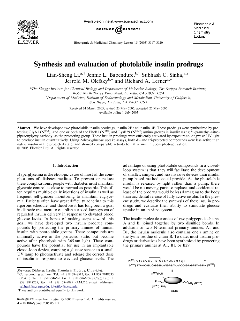 Synthesis and evaluation of photolabile insulin prodrugs