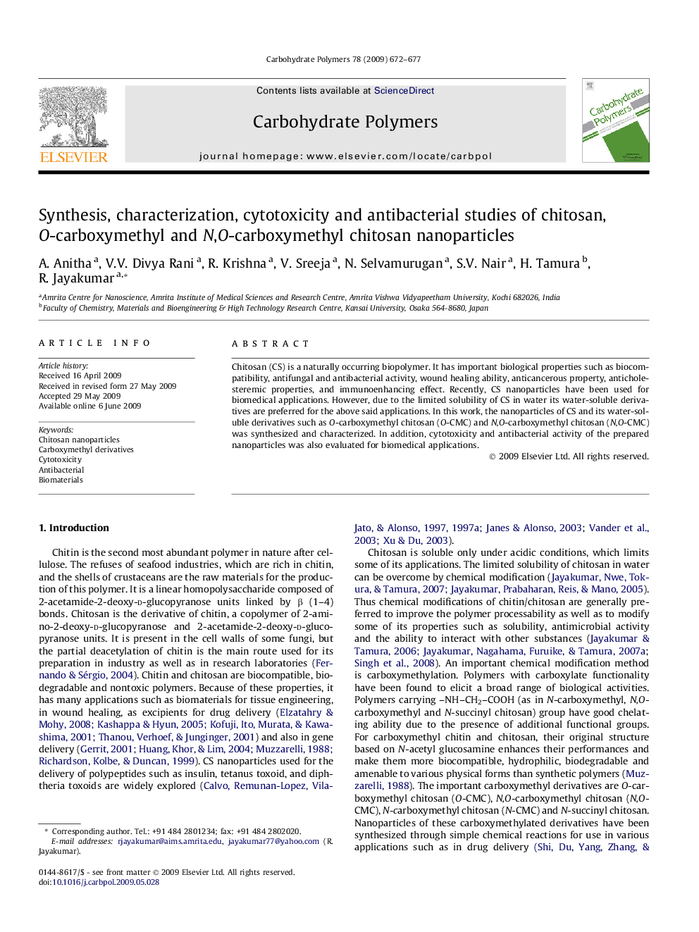 Synthesis, characterization, cytotoxicity and antibacterial studies of chitosan, O-carboxymethyl and N,O-carboxymethyl chitosan nanoparticles