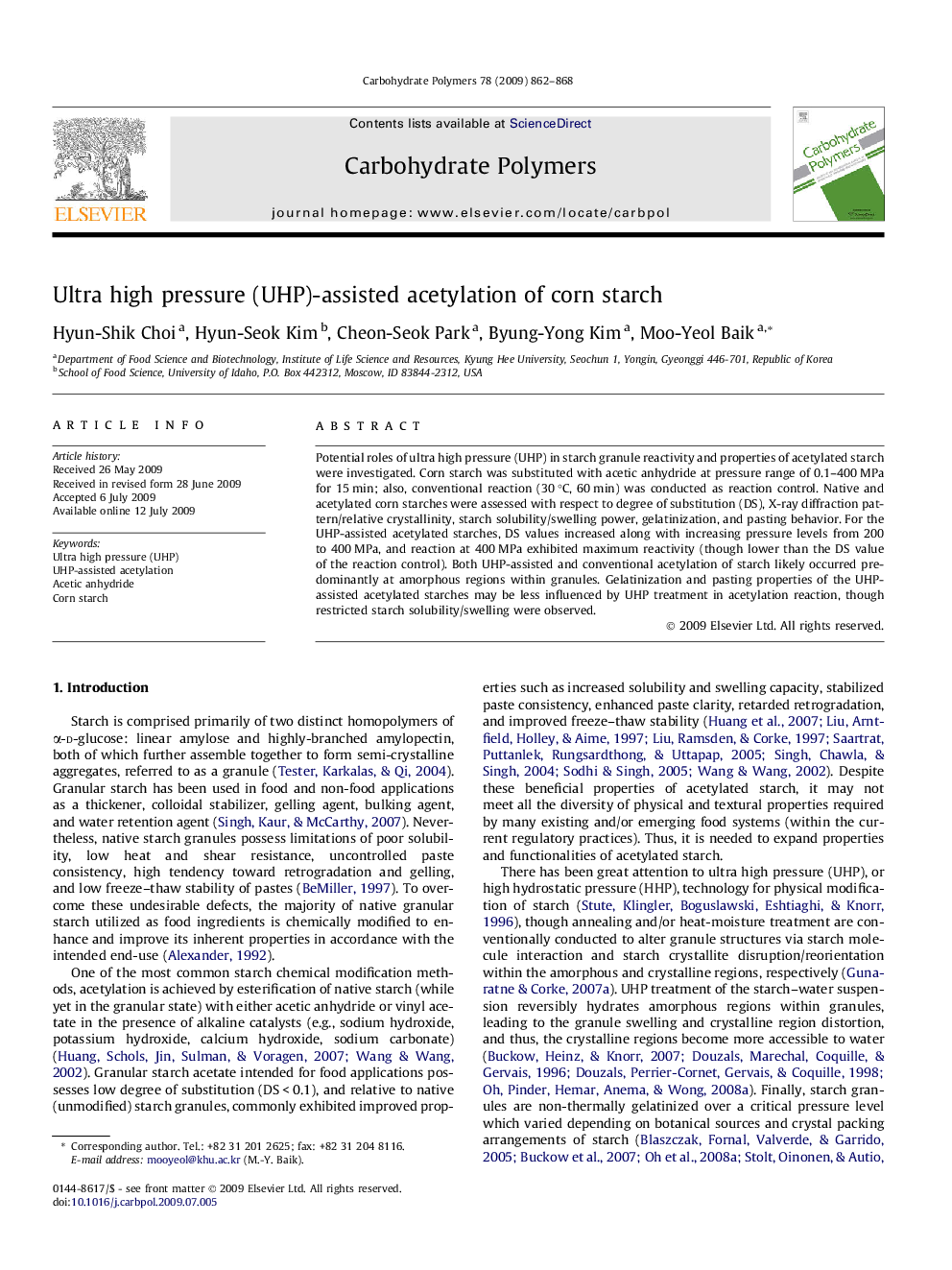 Ultra high pressure (UHP)-assisted acetylation of corn starch