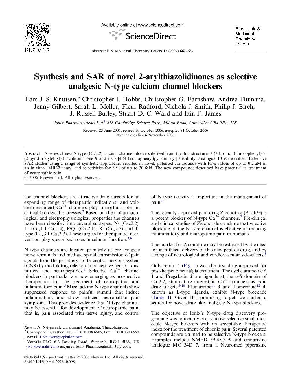 Synthesis and SAR of novel 2-arylthiazolidinones as selective analgesic N-type calcium channel blockers