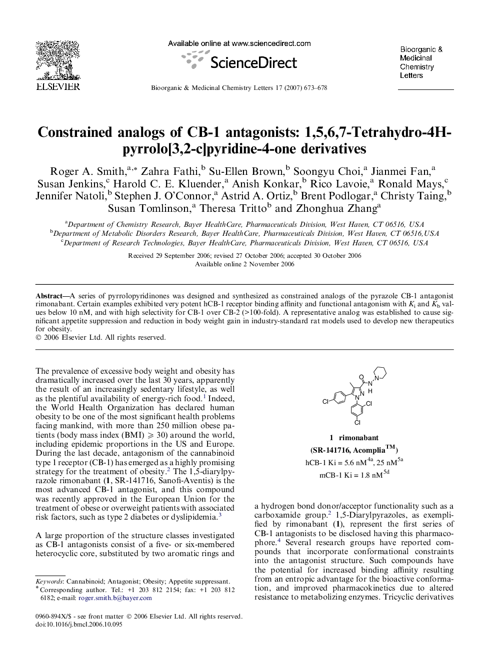 Constrained analogs of CB-1 antagonists: 1,5,6,7-Tetrahydro-4H-pyrrolo[3,2-c]pyridine-4-one derivatives