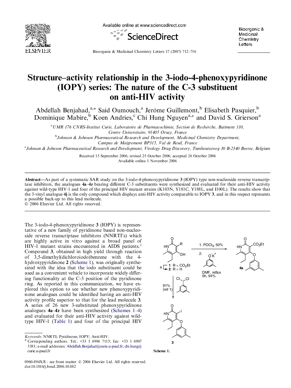 Structure–activity relationship in the 3-iodo-4-phenoxypyridinone (IOPY) series: The nature of the C-3 substituent on anti-HIV activity