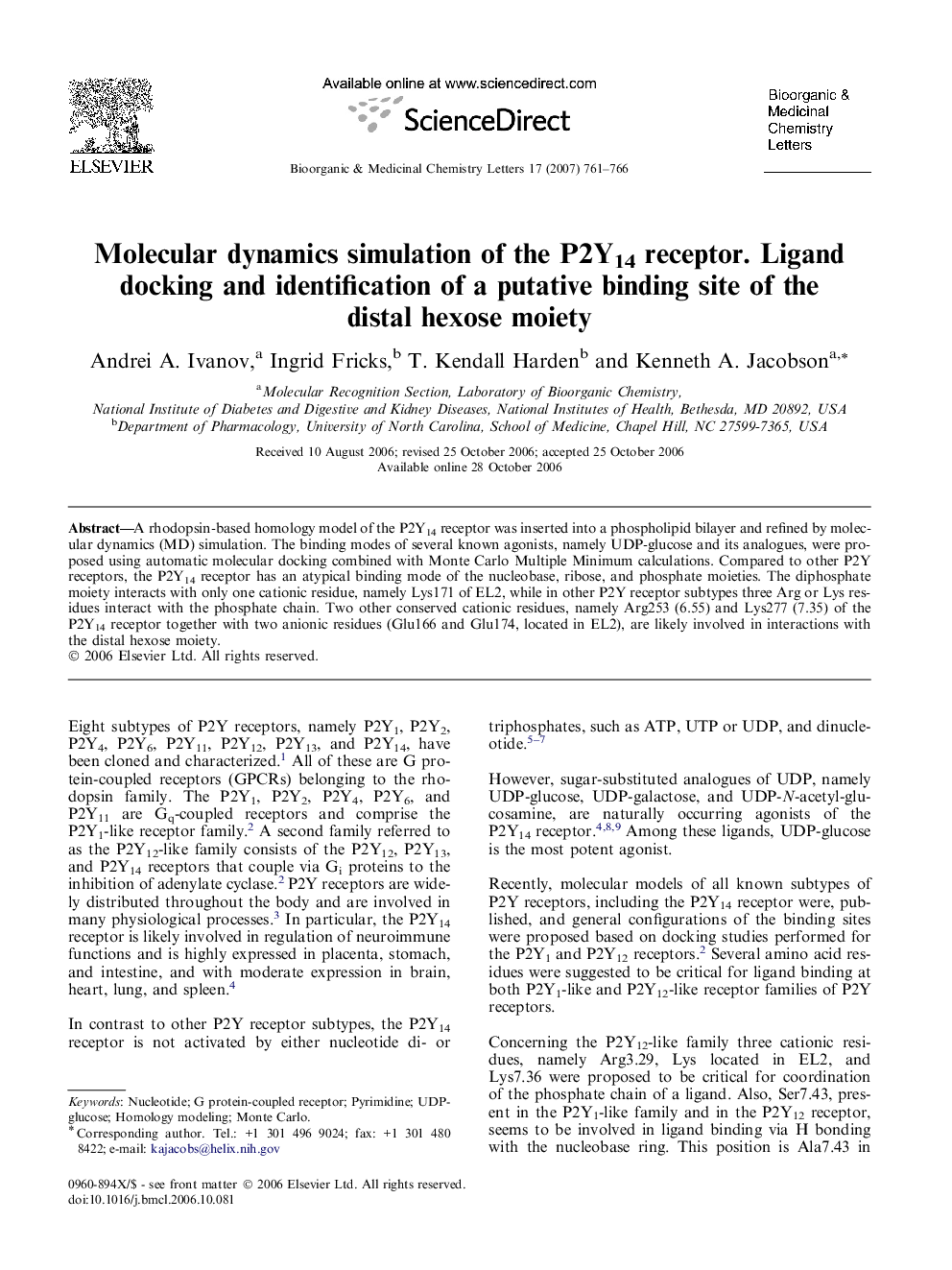 Molecular dynamics simulation of the P2Y14 receptor. Ligand docking and identification of a putative binding site of the distal hexose moiety