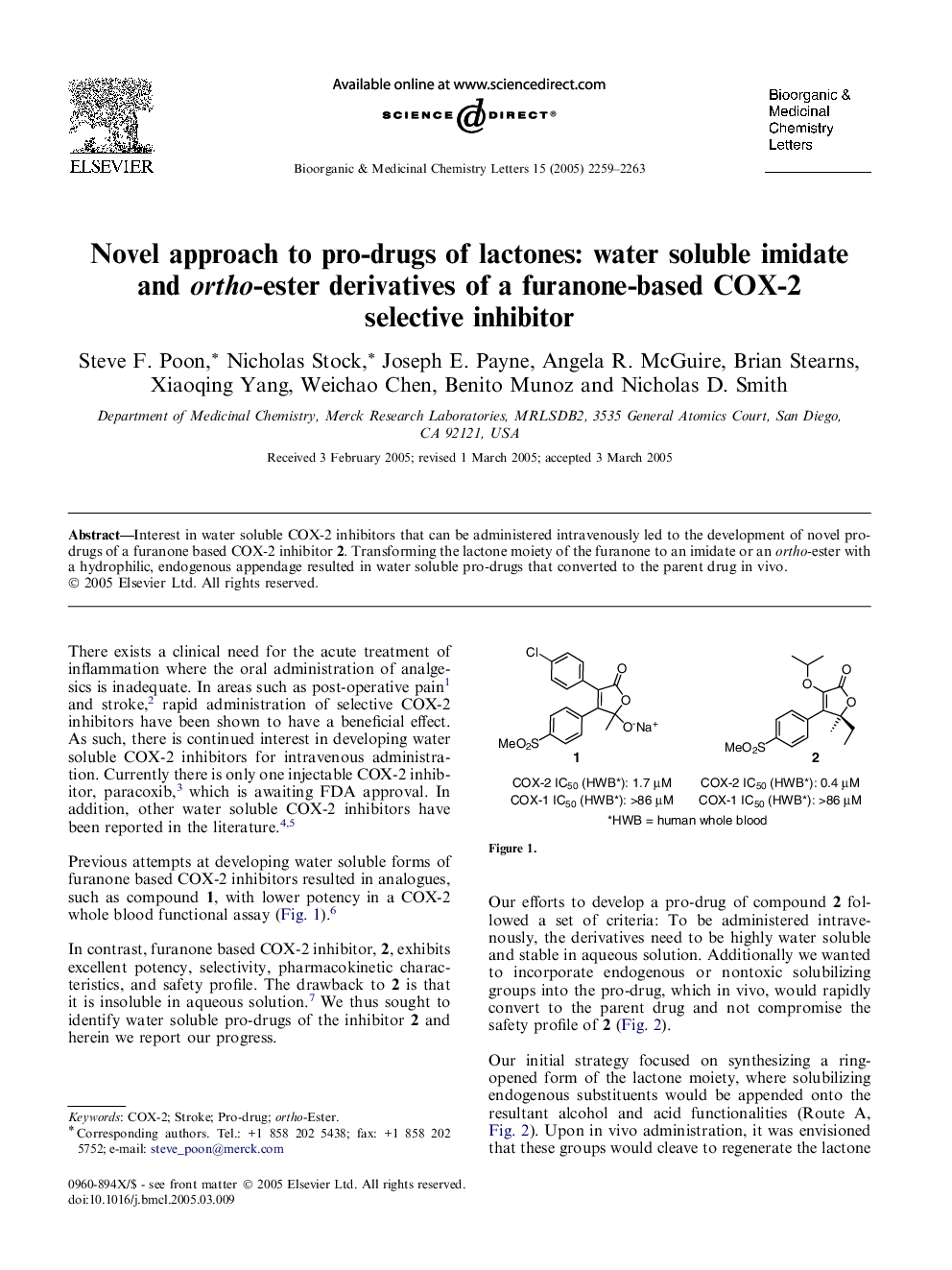 Novel approach to pro-drugs of lactones: water soluble imidate and ortho-ester derivatives of a furanone-based COX-2 selective inhibitor