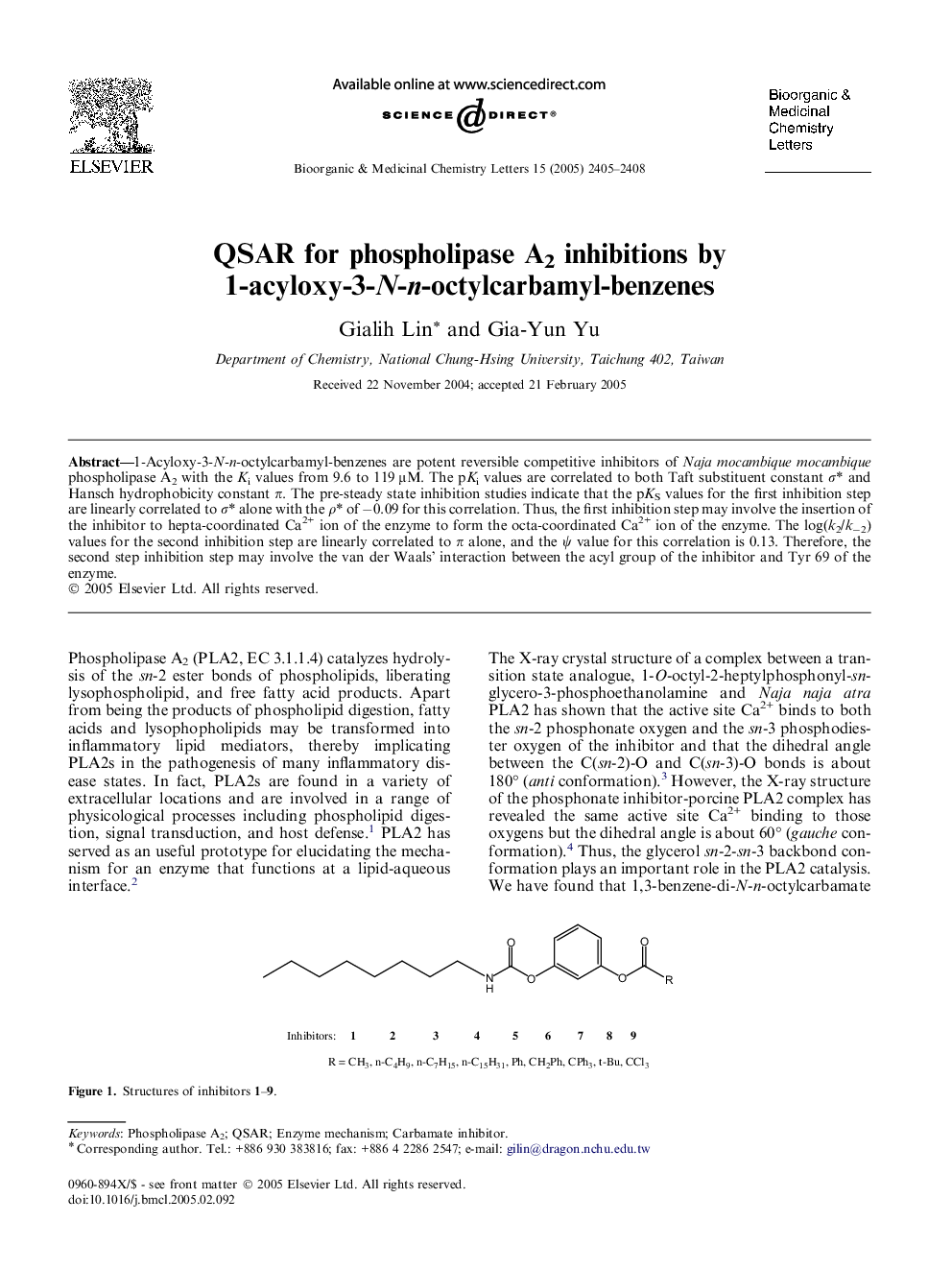 QSAR for phospholipase A2 inhibitions by 1-acyloxy-3-N-n-octylcarbamyl-benzenes