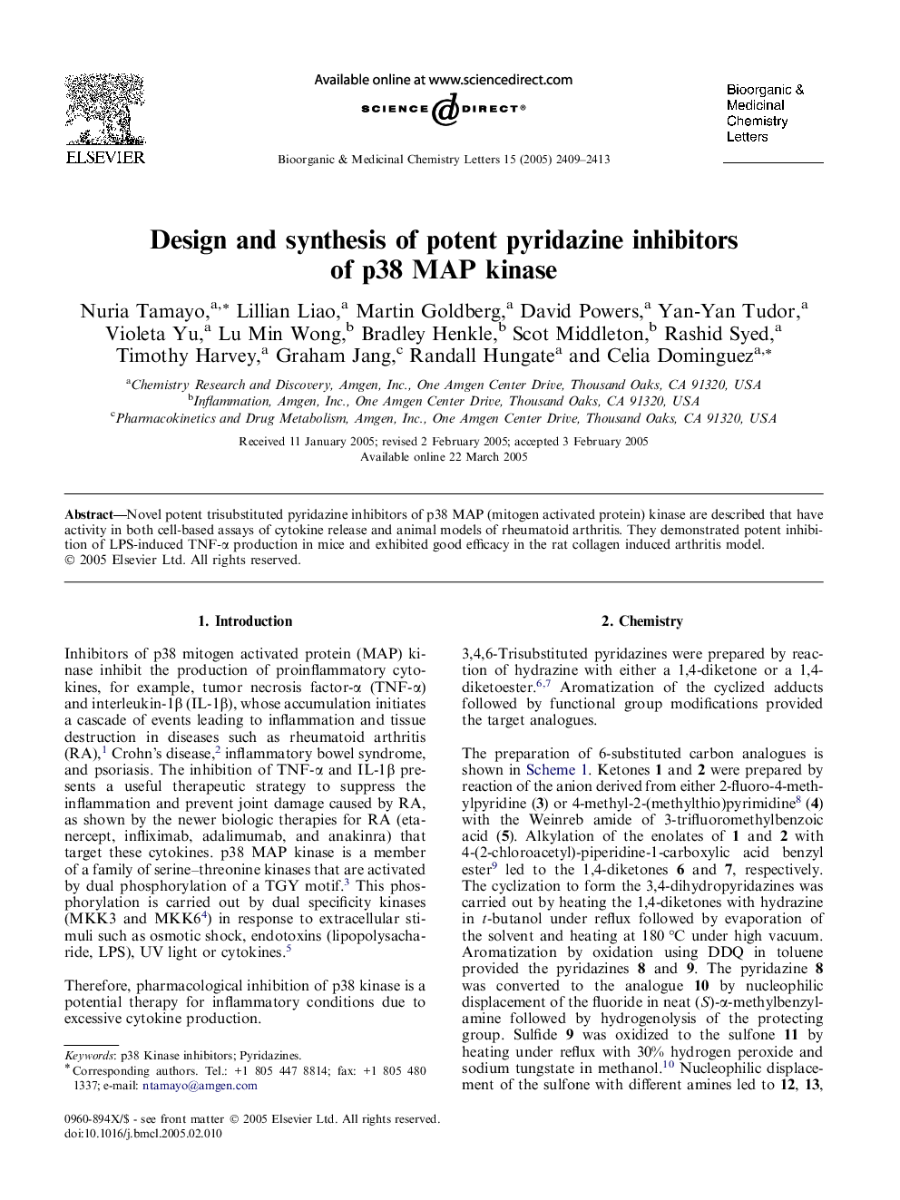 Design and synthesis of potent pyridazine inhibitors of p38 MAP kinase