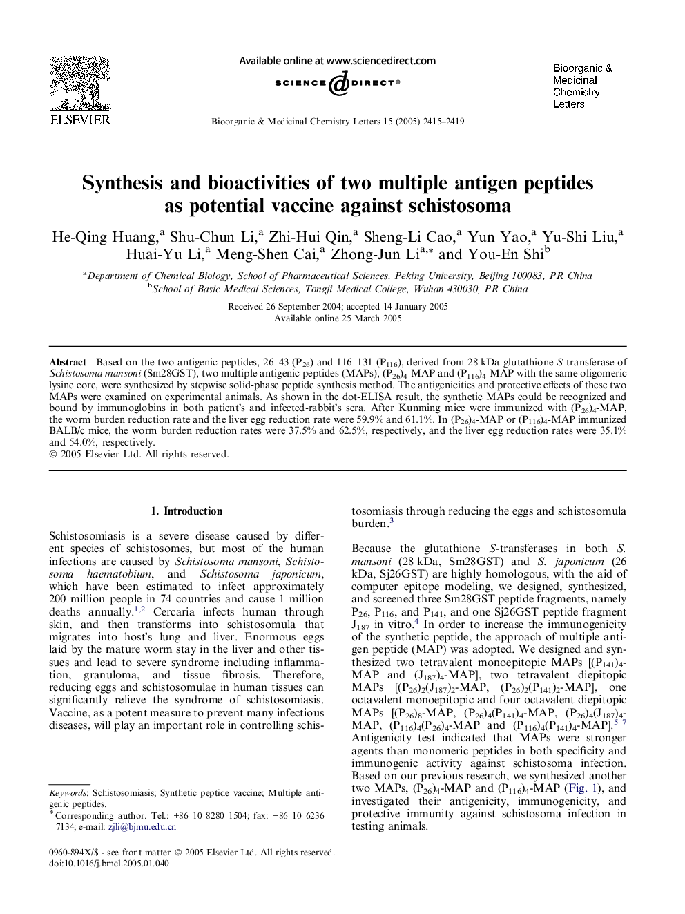 Synthesis and bioactivities of two multiple antigen peptides as potential vaccine against schistosoma