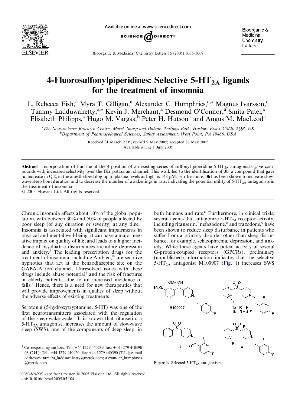 4-Fluorosulfonylpiperidines: Selective 5-HT2A ligands for the treatment of insomnia