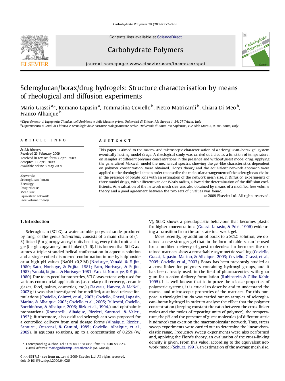 Scleroglucan/borax/drug hydrogels: Structure characterisation by means of rheological and diffusion experiments