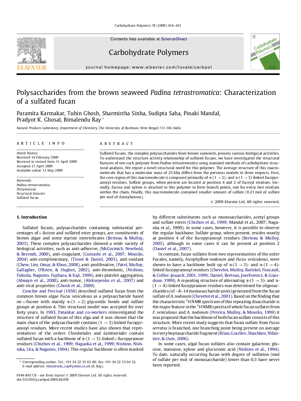 Polysaccharides from the brown seaweed Padina tetrastromatica: Characterization of a sulfated fucan