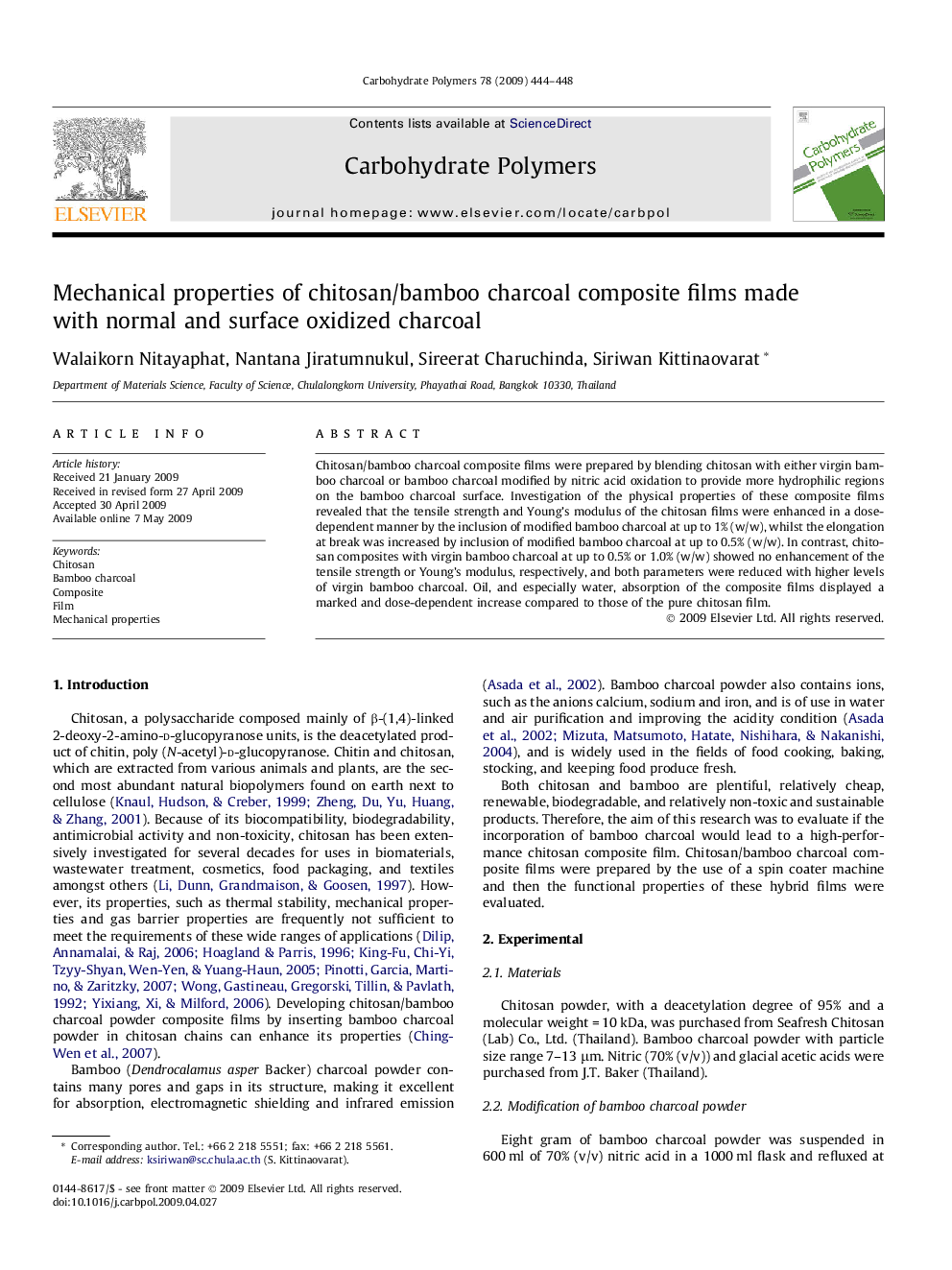 Mechanical properties of chitosan/bamboo charcoal composite films made with normal and surface oxidized charcoal