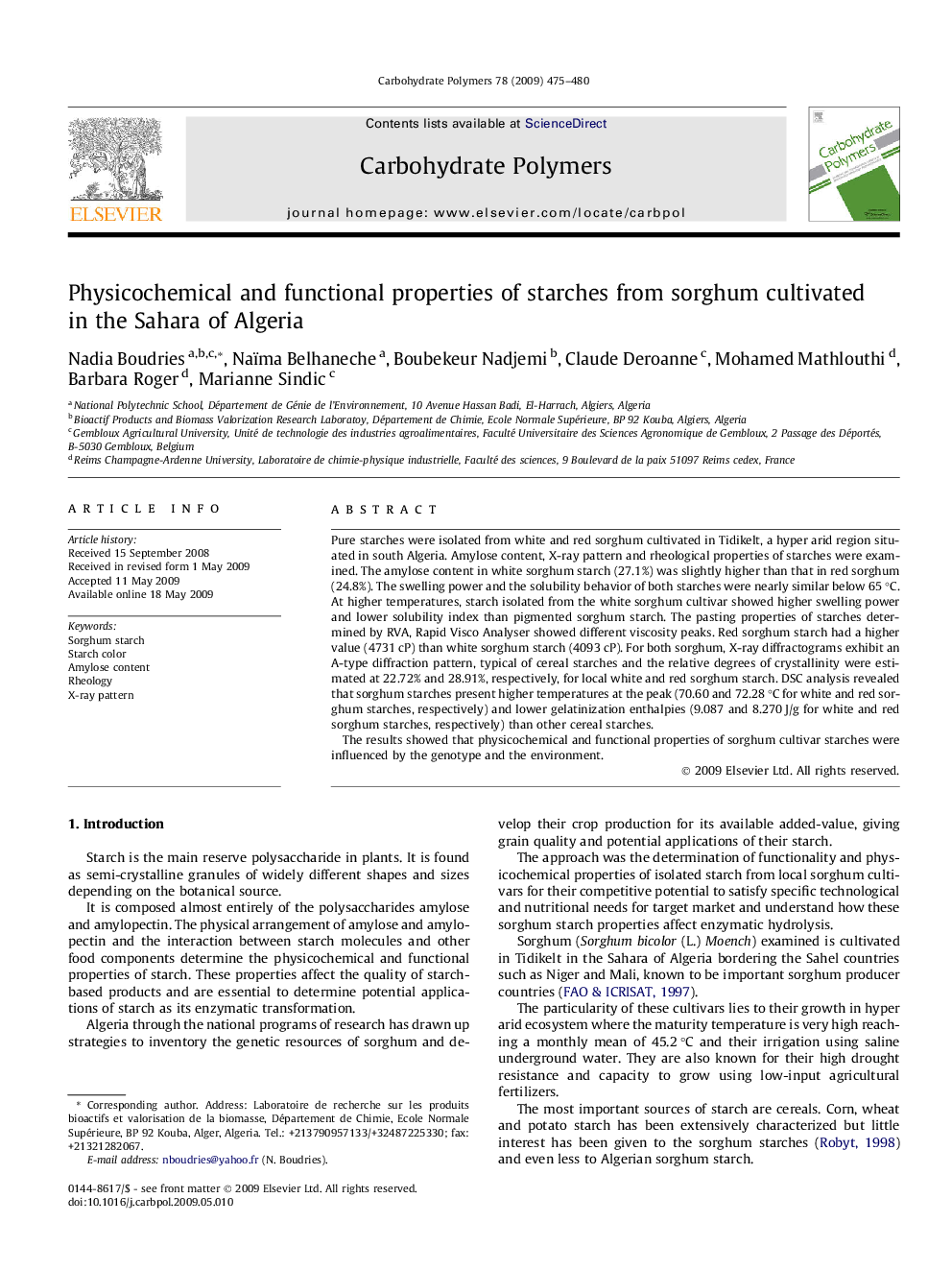 Physicochemical and functional properties of starches from sorghum cultivated in the Sahara of Algeria