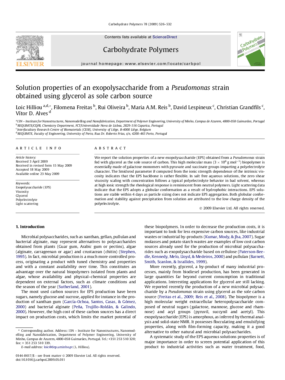 Solution properties of an exopolysaccharide from a Pseudomonas strain obtained using glycerol as sole carbon source