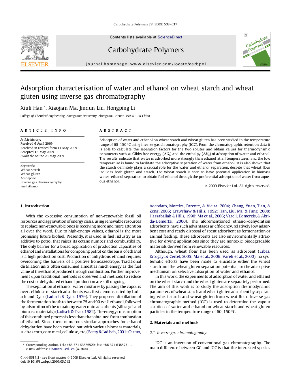 Adsorption characterisation of water and ethanol on wheat starch and wheat gluten using inverse gas chromatography