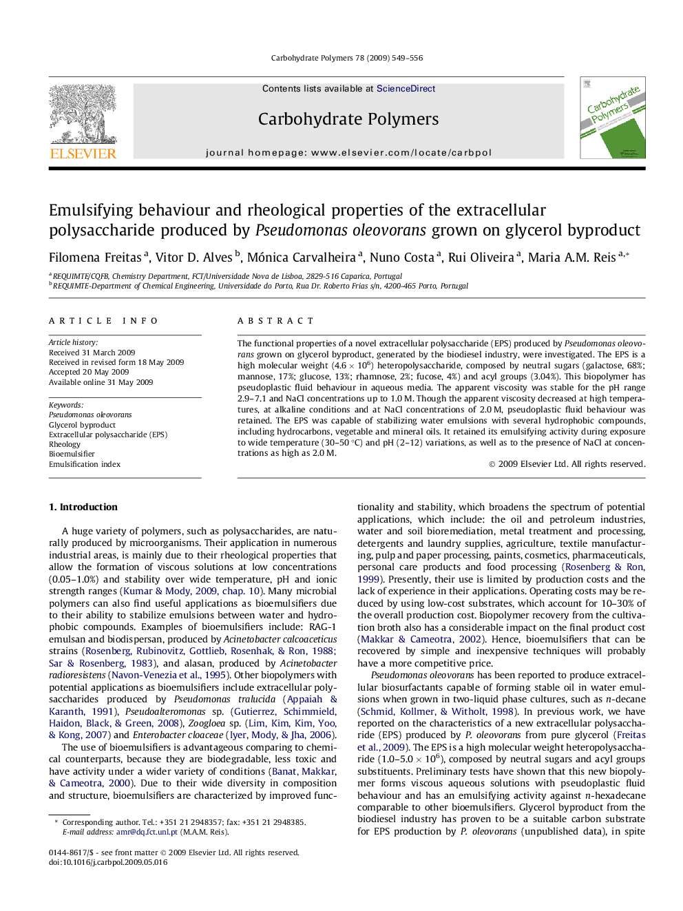 Emulsifying behaviour and rheological properties of the extracellular polysaccharide produced by Pseudomonas oleovorans grown on glycerol byproduct