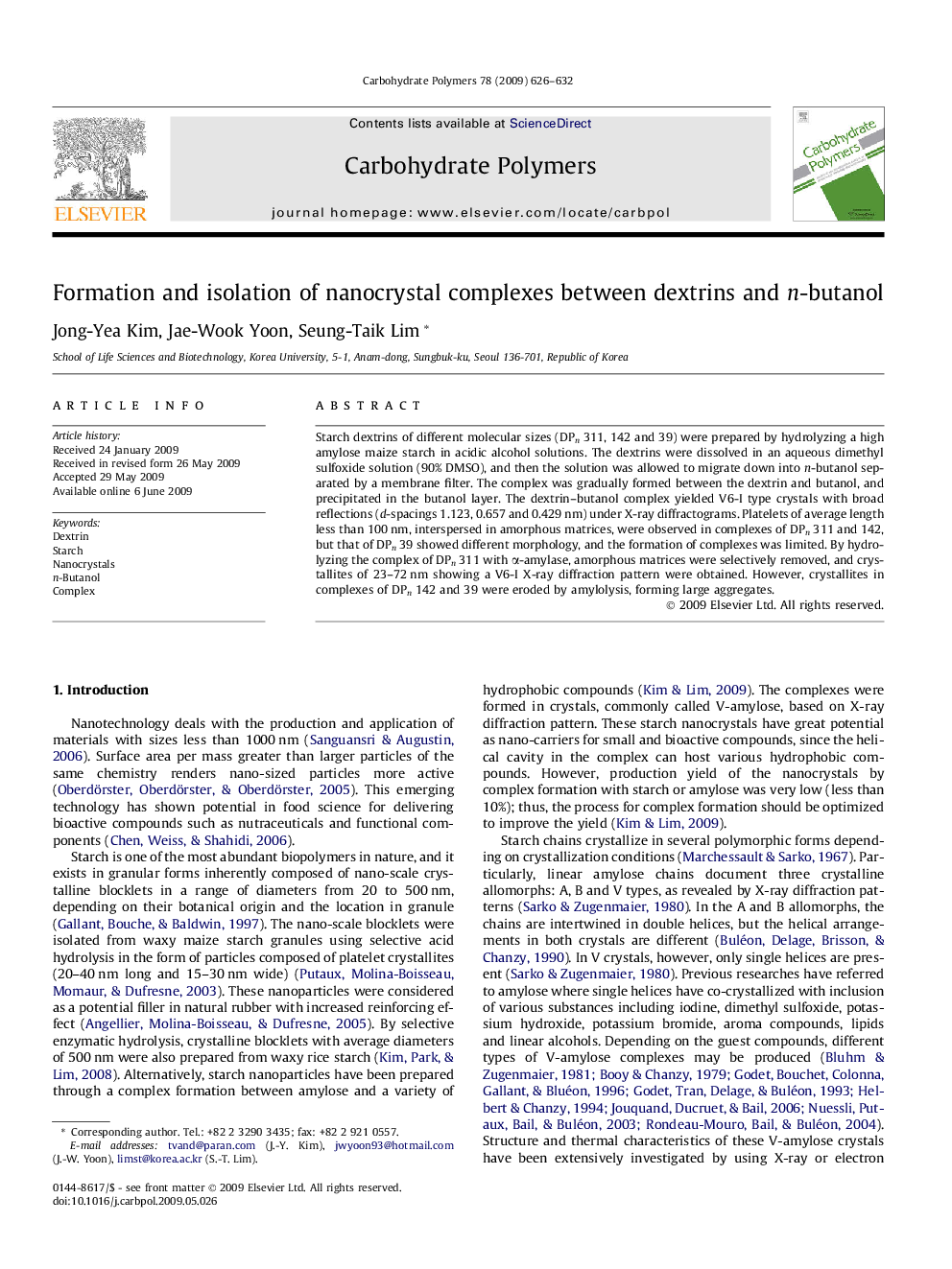 Formation and isolation of nanocrystal complexes between dextrins and n-butanol