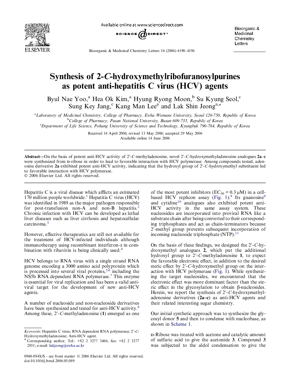 Synthesis of 2-C-hydroxymethylribofuranosylpurines as potent anti-hepatitis C virus (HCV) agents