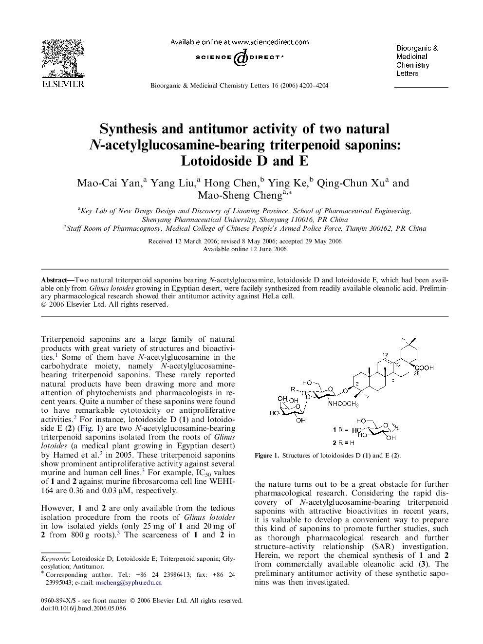 Synthesis and antitumor activity of two natural N-acetylglucosamine-bearing triterpenoid saponins: Lotoidoside D and E