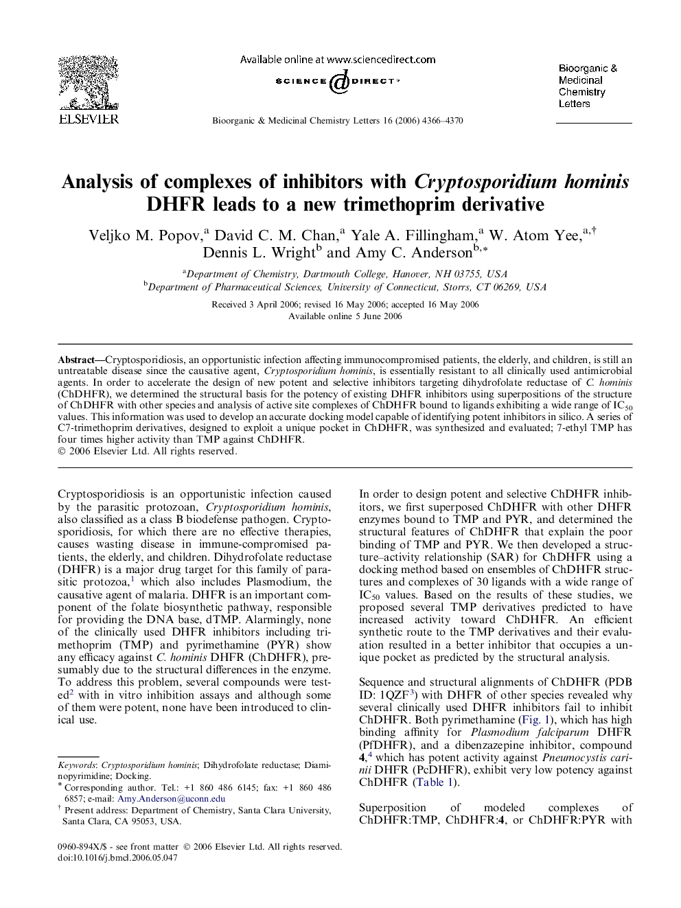 Analysis of complexes of inhibitors with Cryptosporidium hominis DHFR leads to a new trimethoprim derivative