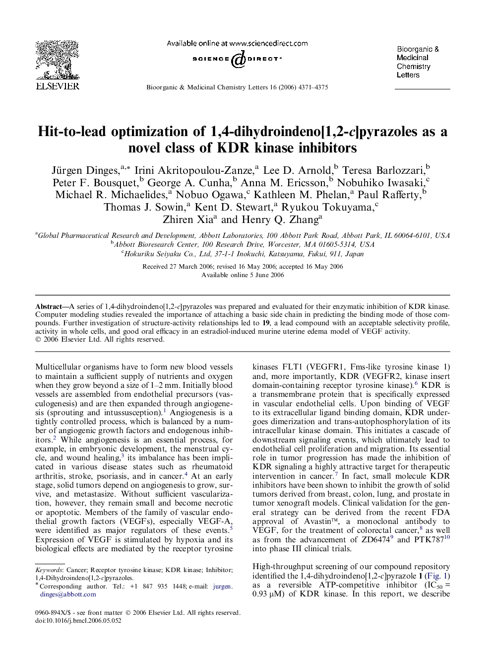 Hit-to-lead optimization of 1,4-dihydroindeno[1,2-c]pyrazoles as a novel class of KDR kinase inhibitors