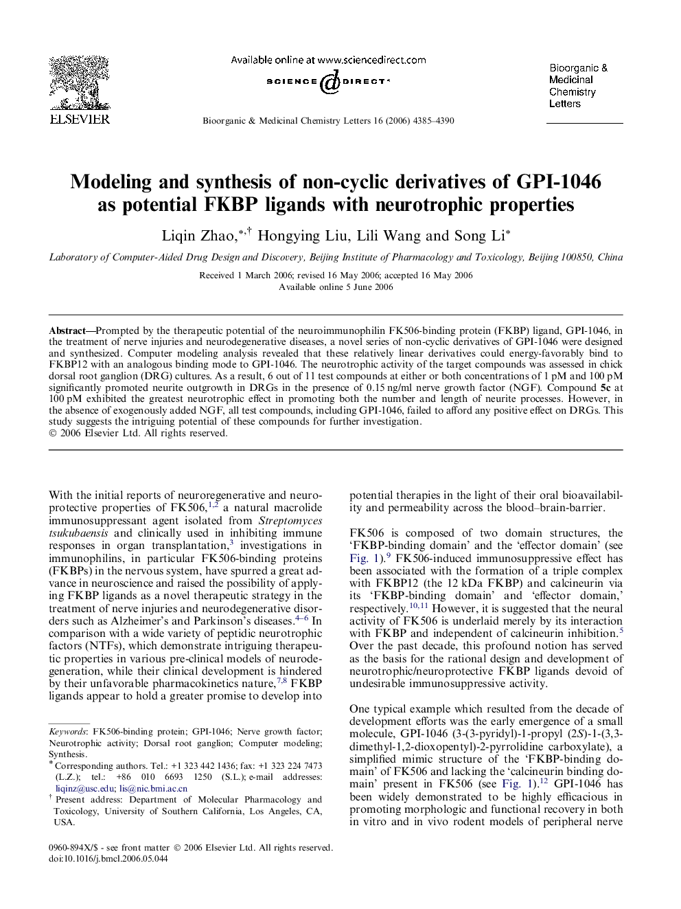 Modeling and synthesis of non-cyclic derivatives of GPI-1046 as potential FKBP ligands with neurotrophic properties