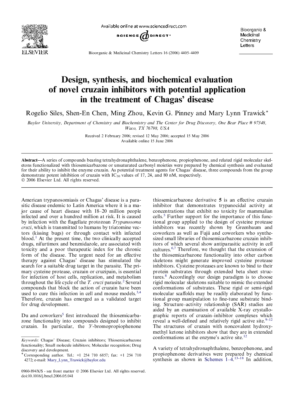 Design, synthesis, and biochemical evaluation of novel cruzain inhibitors with potential application in the treatment of Chagas’ disease