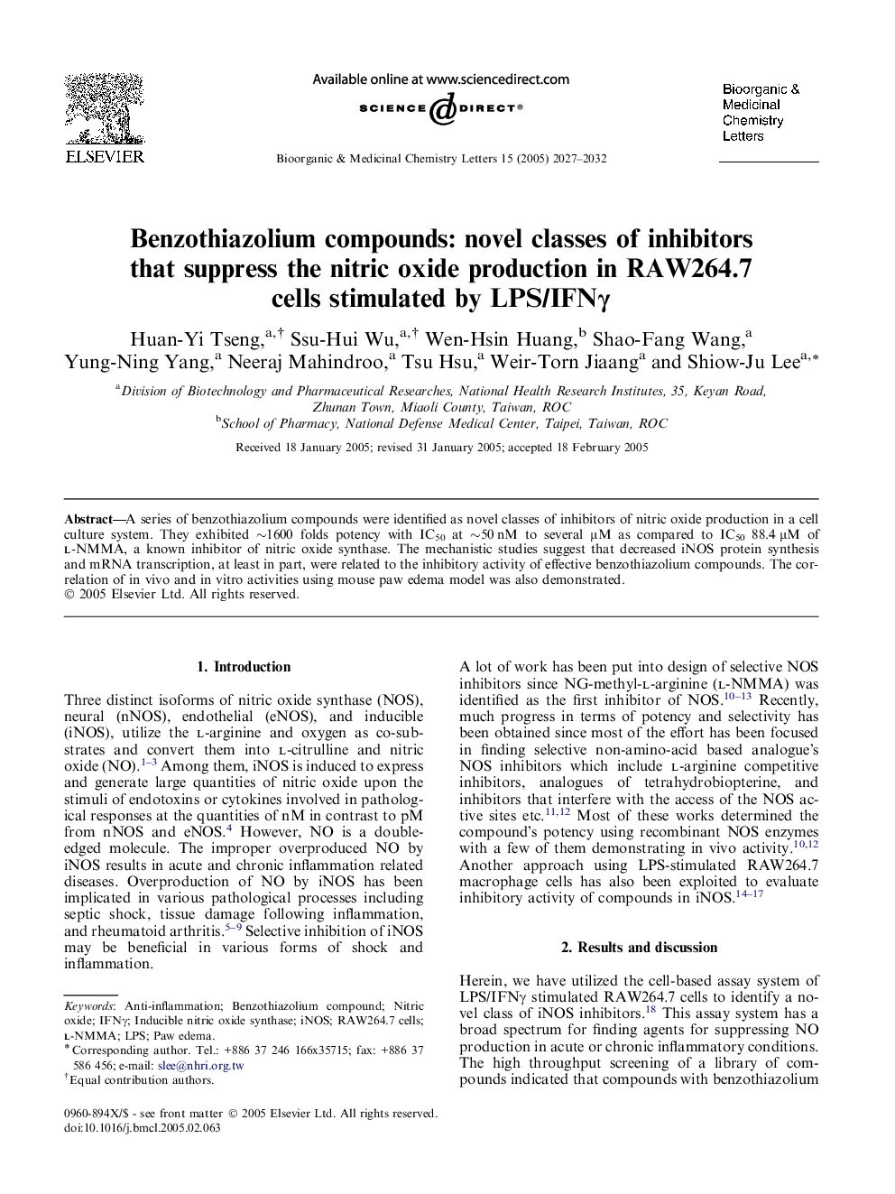 Benzothiazolium compounds: novel classes of inhibitors that suppress the nitric oxide production in RAW264.7 cells stimulated by LPS/IFNγ