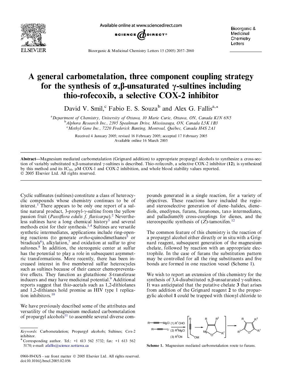 A general carbometalation, three component coupling strategy for the synthesis of Î±,Î²-unsaturated Î³-sultines including thio-rofecoxib, a selective COX-2 inhibitor