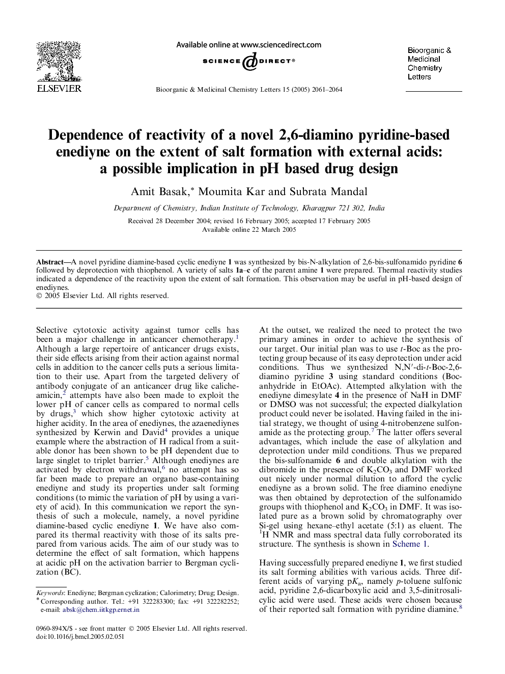 Dependence of reactivity of a novel 2,6-diamino pyridine-based enediyne on the extent of salt formation with external acids: a possible implication in pH based drug design