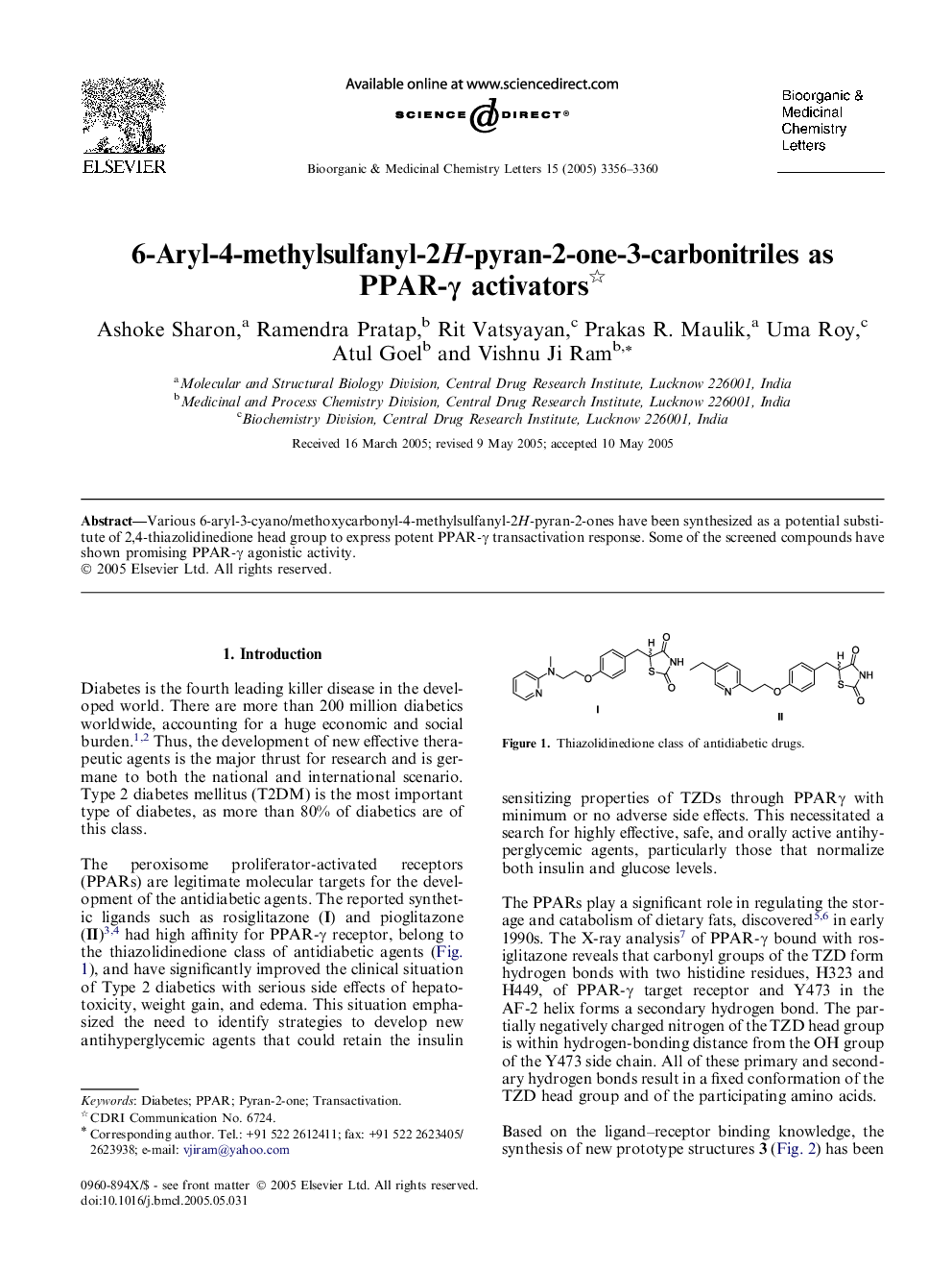 6-Aryl-4-methylsulfanyl-2H-pyran-2-one-3-carbonitriles as PPAR-γ activators 