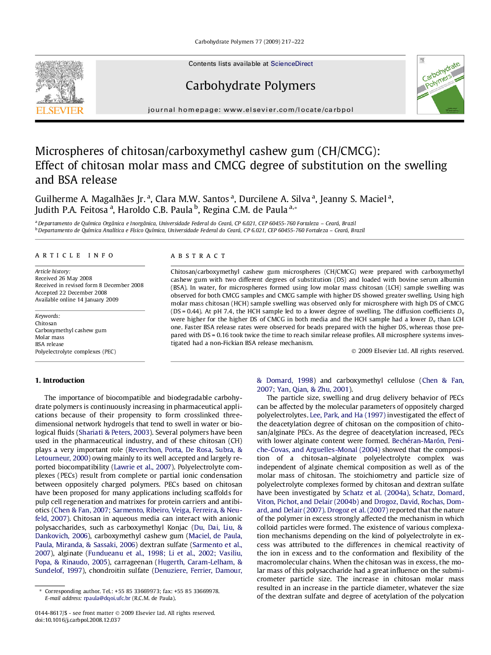 Microspheres of chitosan/carboxymethyl cashew gum (CH/CMCG): Effect of chitosan molar mass and CMCG degree of substitution on the swelling and BSA release