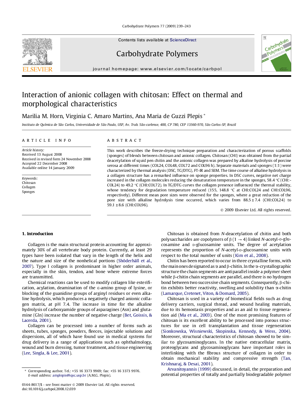 Interaction of anionic collagen with chitosan: Effect on thermal and morphological characteristics